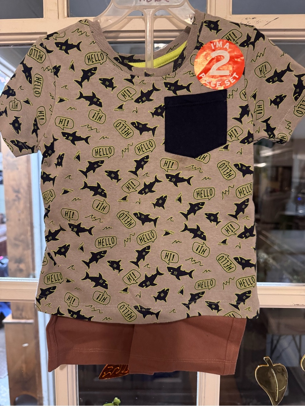 Kidgets Gray Tee with Navy Pocket and Lime Shark Print